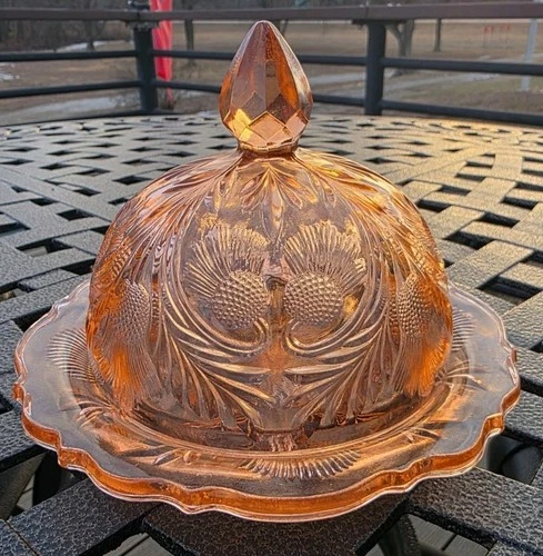 Vintage Rose Pink Depression Glass Thistle Covered Butter/Cheese Dish
