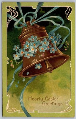 Vtg Hearty Easter Greetings Forget Me Not Flowers Gold Bell 1908 Old Postcard