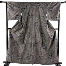 JAPANESE KIMONO TSUMUGI BLACK GRAY 162cm 5 ft 4 in PURE SILK FF11111