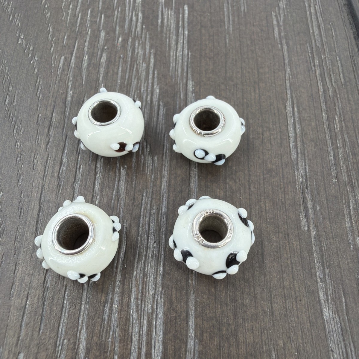 Murano Style European Bracelet Glass Charm Bead-.925 Silver-Black & White Flower