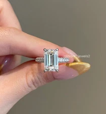 3Ct Emerald Cut Moissanite Hidden Halo Three Side Pave Engagement Ring 14K Gold