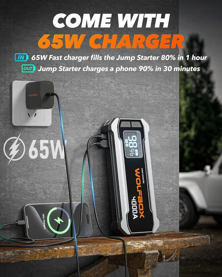Arrancador de salto 4000A, arrancador de salto de batería de coche de 12 V con cargador rápido de 65 W, pantalla LED Foto 3 de 4