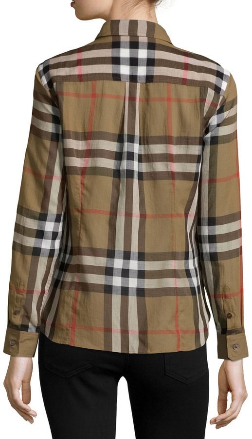 Women Burberry Long Sleeve Cotton Check Shirt Taupe Brown Size M image 2