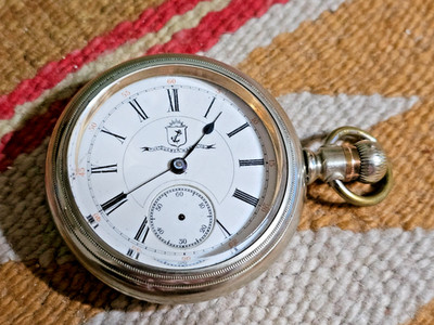 Antique DUEBER WATCH CO Pocket Watch Silverine Case RR Porcelain Face PARTS FIX