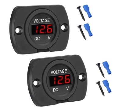 2 Pack DC 12V 24V Waterproof Car Voltmeter LED Digital Display Panel, Round V...
