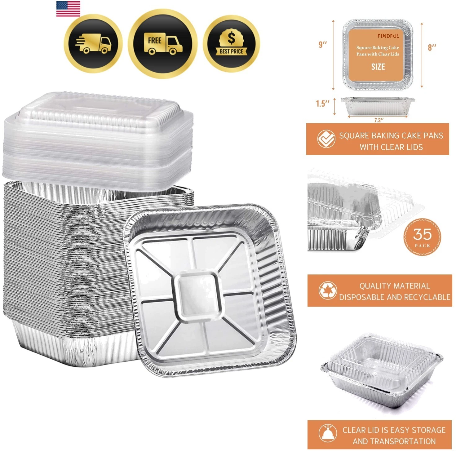 35 Pack 8x8 Aluminum Pans with Clear Plastic Lids - Square Baking Cake Pans -...