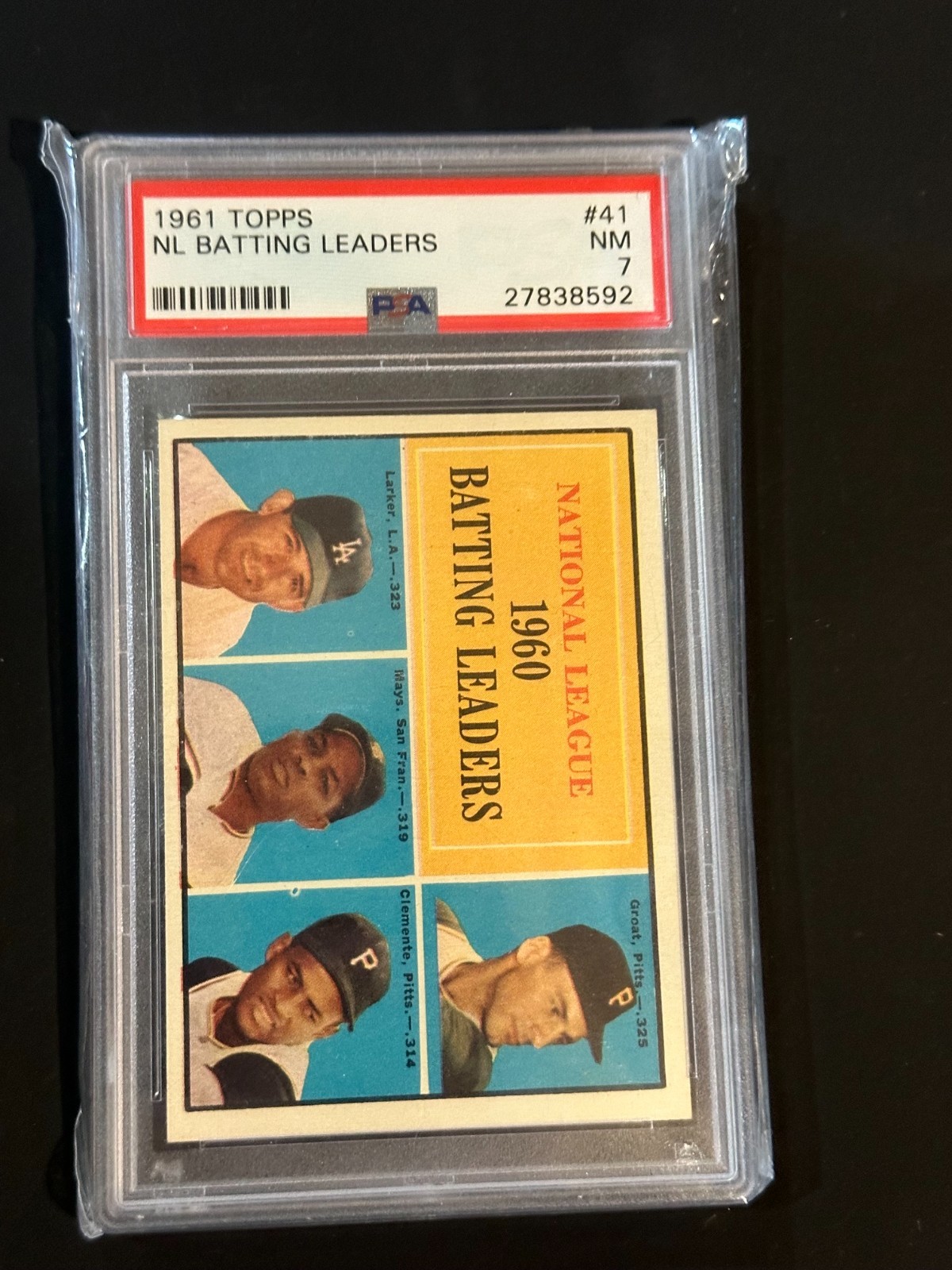 1961 Topps PSA 7 - League Leaders Willie Mays, Roberto Clemente, Dick Groat #41 view 1