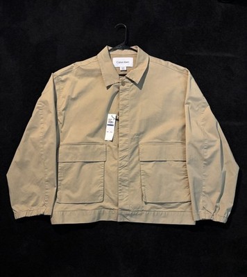 Calvin Klein Men's Beige Short Button Jacket with Pockets, Regular Size, Casual