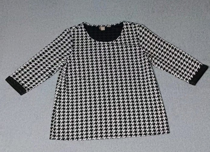 Chicos Houndstooth 3/4 Sleeve Sweater Womens Pullover Size 2 Black And White