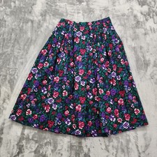 Vintage Hand Made Skirt Womens S Black Floral Pleated A-Line Cotton Cottagecore