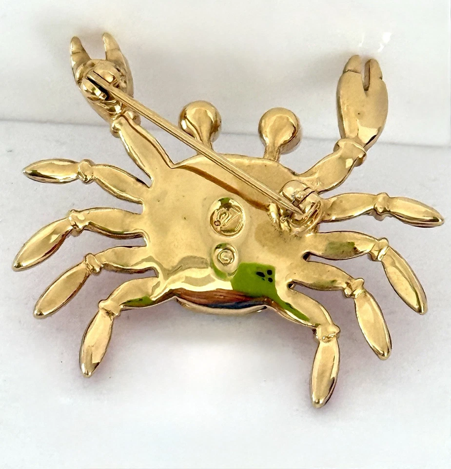 Swarovski Crystals Encrusted Crab Brooch Red Enamel Gold Tone Pin w/ Pearl Eyes - Image 3 of 4
