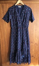 By Iris Floaty Floral/Striped Dress Size S Navy Blue Frill V-Neck SS Wrap Skirt