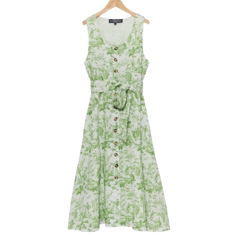 The J. Peterman Company Toile Print Dress Green White Cotton Belted Dress  Size 6 | eBay