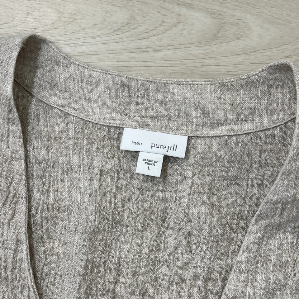 Pure Jill J.Jill Beige Linen Top Women’s Tie Open Front Sleeveless Cardigan Sz L - Image 2 of 4