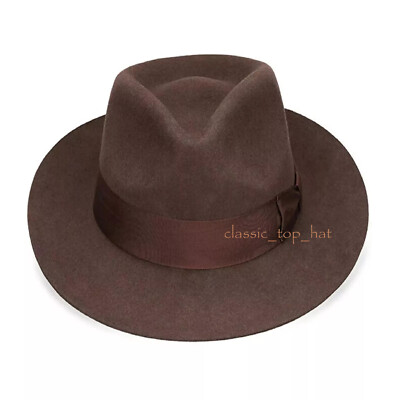 Gents Brown 100% Wool Hand Made Wider Brim Felt Fedora Trilby Hat With Band