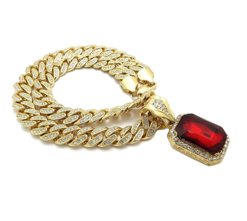 Ruby Rapper Chain ICED RUBY PENDANT GOLD DIAMOND CUBAN LINK 20