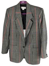 Jones New York Houndstooth Womens Jacket Lined Black wht red blue Wool Sz 8 READ