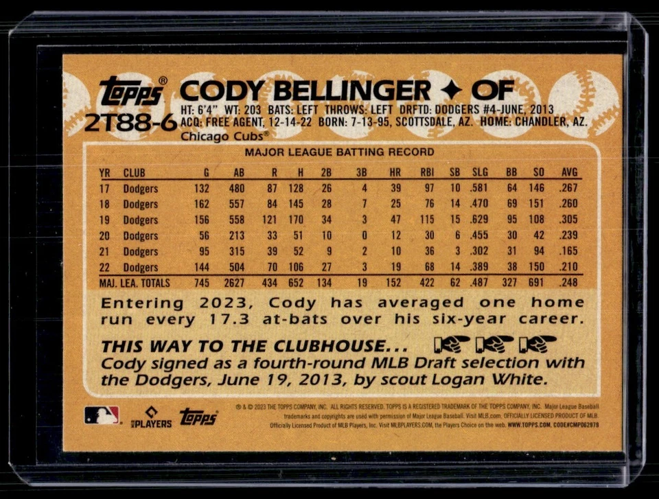 2023 Topps Series 2 1988 Baseball Cody Bellinger Chicago Cubs #2T88-6 - Image 2 of 2