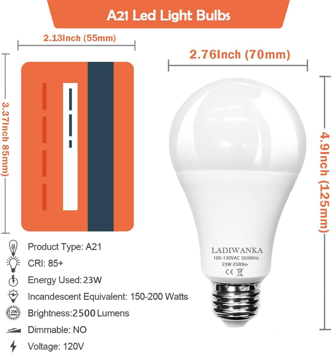 150 Watt Led Bulb, 2500LM Bright Led Light Bulbs, 23W Warm White 2700K, A21 Led Falak Tayyeb