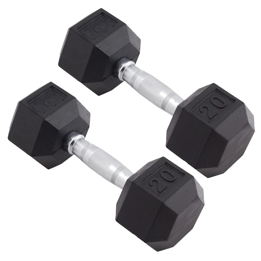 Body Sport Rubber Encased Hex Dumbbell Weight – Exercises – 20 lb Pair