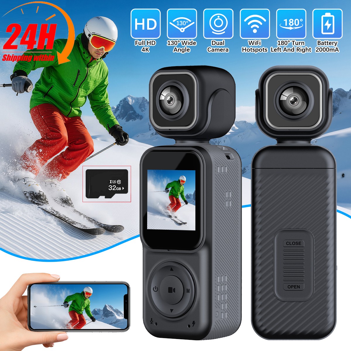 4K Wifi Action 260&deg; Rotation Camera Audio&Video Recording for Vlog Sports Travel