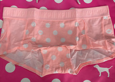 2018 Victoria Secret PINK M Wide Logo Band Boyshort PANTIES Peach Polka Dots