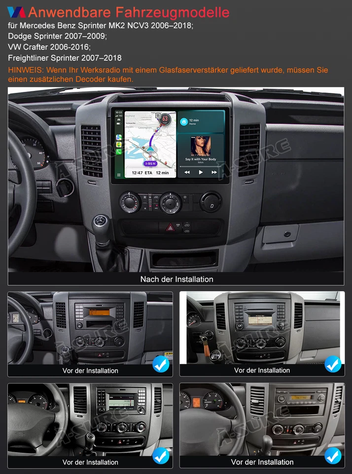 13.1" 4+64GB Android 14 Autoradio Carplay Navi Für Mercedes Benz Sprinter B906 - Bild 4 von 4