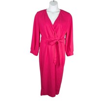SHEIN Dress Womens 2XL Hot Pink Surplice Neckline Sheath Sash Tie Crepe Midi
