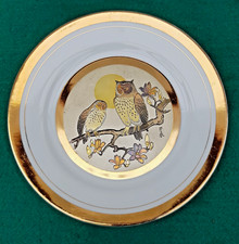 Vintage The Art of Chokin Gold & Silver Gilded Plate With Owl Pattern 9.125" 