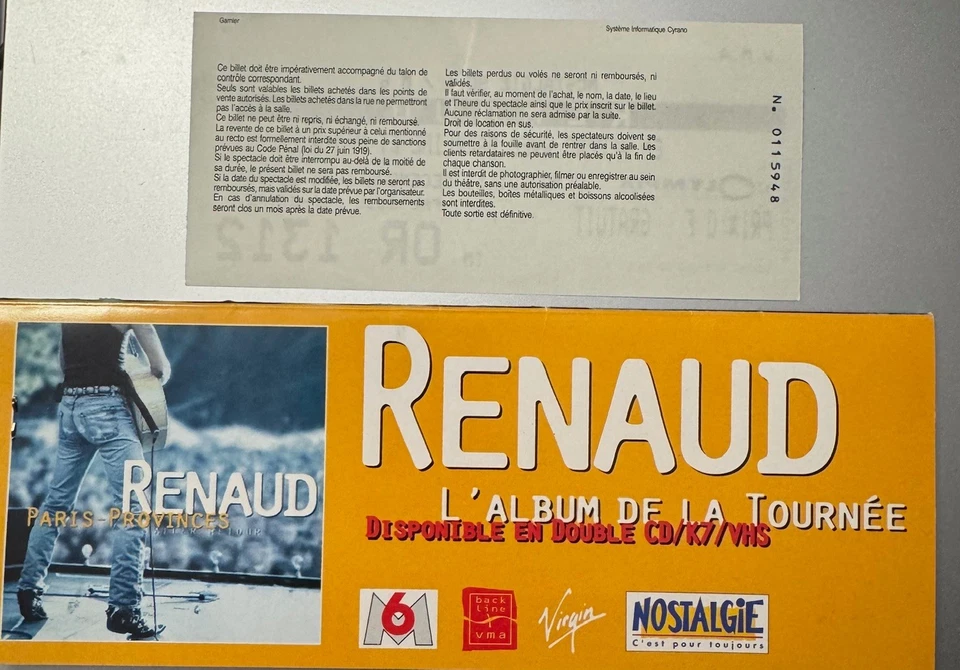 RENAUD Ticket OLYMPIA 1996 avec RARE pochette personnalisée album Paris Province - Image 2 of 4