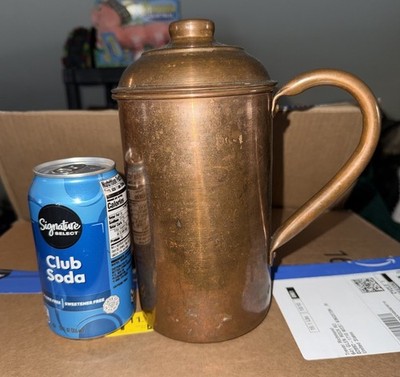 Vintage Solid Copper Serving Pitcher Container with Lid Handle  Home Decor