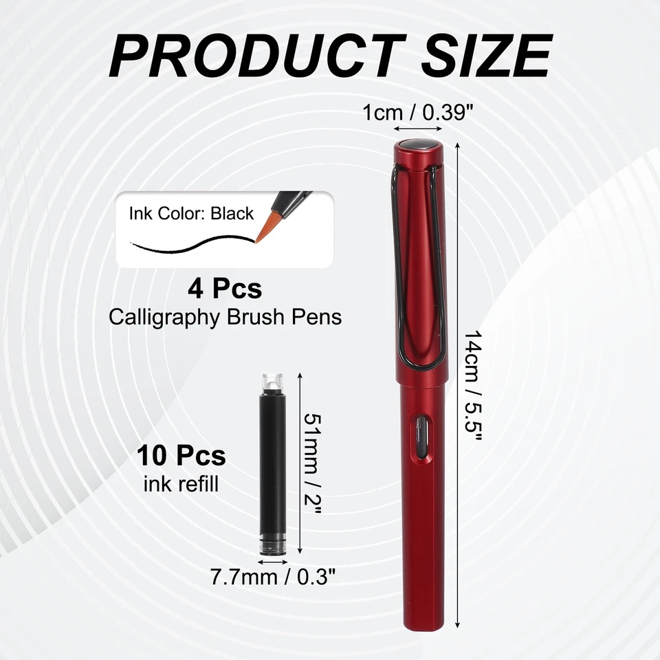 4 шт. каллиграфические кисточки ручки с чернильной заправкой 10 шт., красные - Изображение 2 из 4