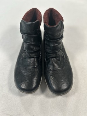Remonte Tex Liv Black Leather Ruched Ankle Boots Burgundy Wool Cuff Womens 39/8