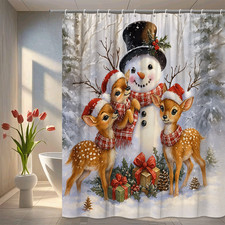 Whimsical Snowman and Fawns Shower Curtain for Holiday Decor