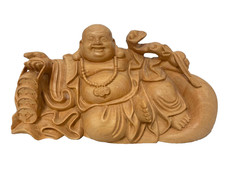 Vintage Carved Boxwood Reclining Laughing Buddha Figurine Sack Coins 5.5"