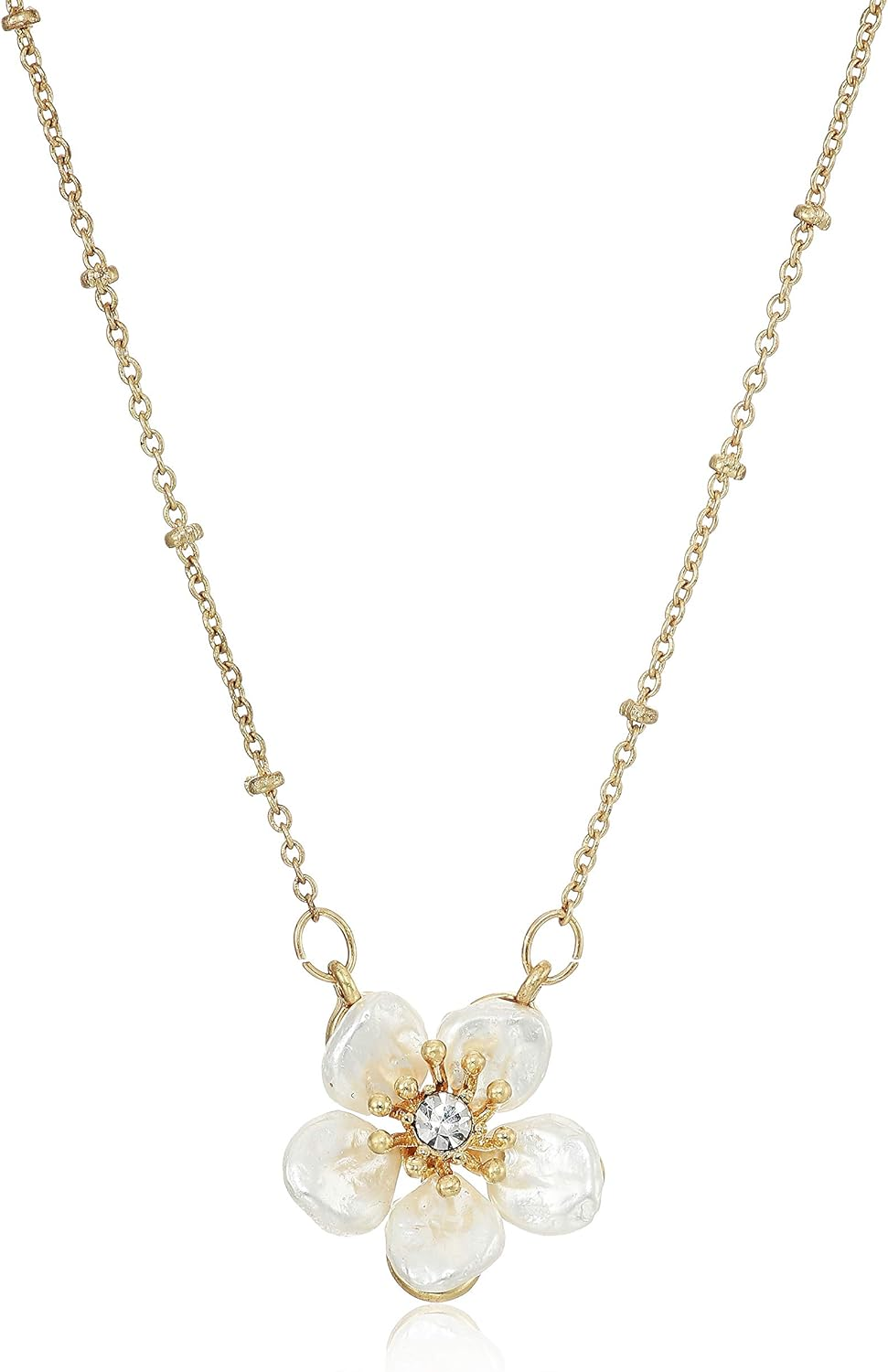 Women'S Necklace 16 Inch Flower Pendant - Worn Gold Tone/White/Crystal, One Size