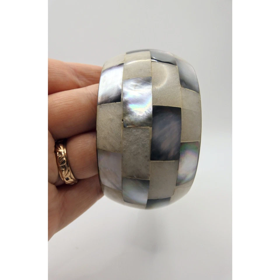Vintage Brass Abalone MOP Shell Cuff Bangle Wide Chunky Boho Bracelet Gift - Image 3 of 4