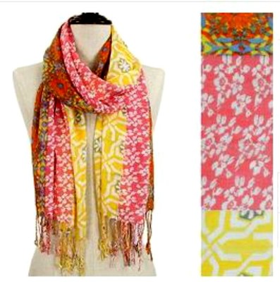 Bohemian Pink Yellow Grey White Flower Print Shawl Scarf  display picture 1