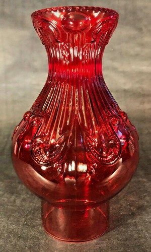 New 3" x 8 1/2" Ruby Embossed Glass Princess Feather Lamp Chimney, F/ #2 burner - Picture 1 of 4