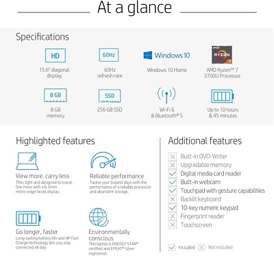 HP 15 Laptop AMD Ryzen 7 3700U 8GB RAM 256GB SSD HD Win 10 15