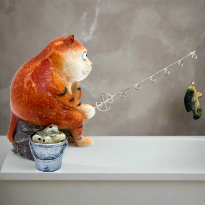 Ceramic Ginger Fat Cat Shelf Sitter Indoor Garden Ornament