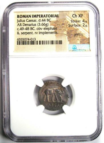 Julius Caesar AR Denarius Silver Elephant Roman Coin 49 BC - NGC Choice XF (EF) - Picture 2 of 4