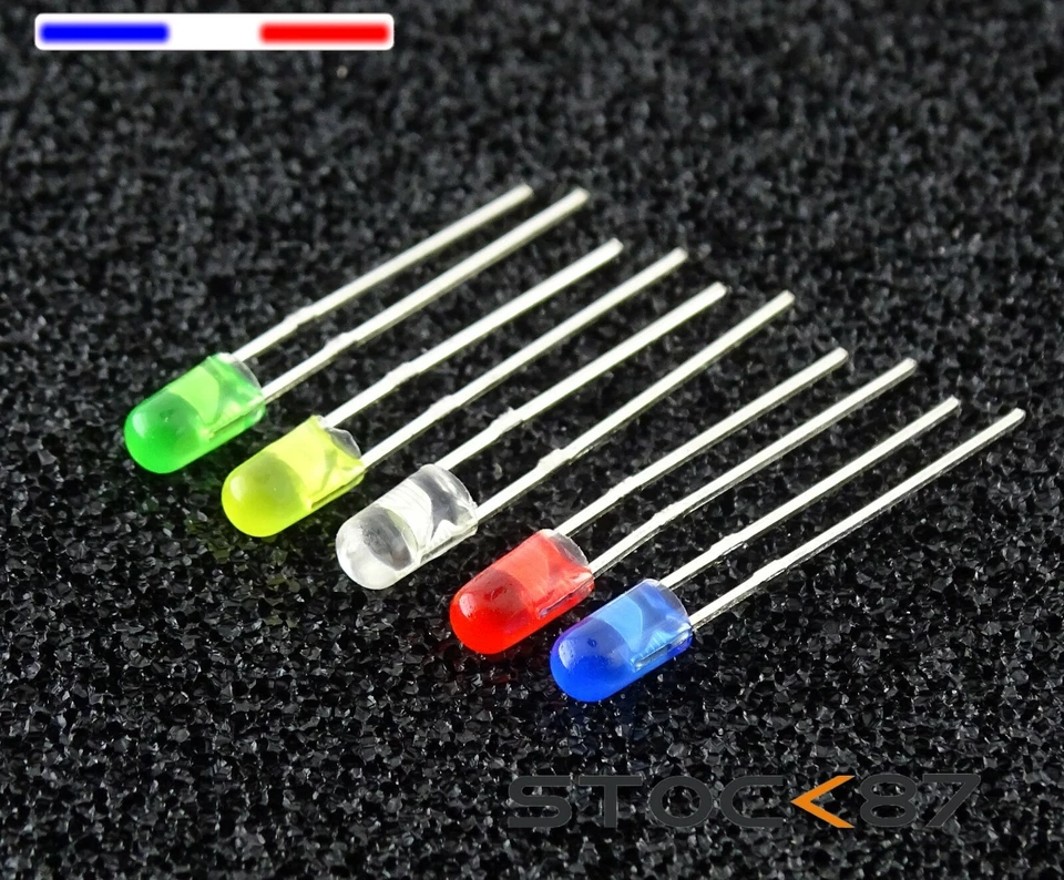 lot de 10 led 3mm sans rebord couleurs aux choix - round LED3mm without flange