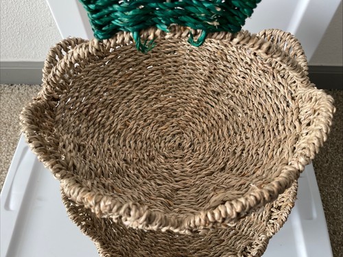 Pineapple Handwoven Twine Two Tiered Fruit Basket Tropical Bar Decor - Picture 7 of 9