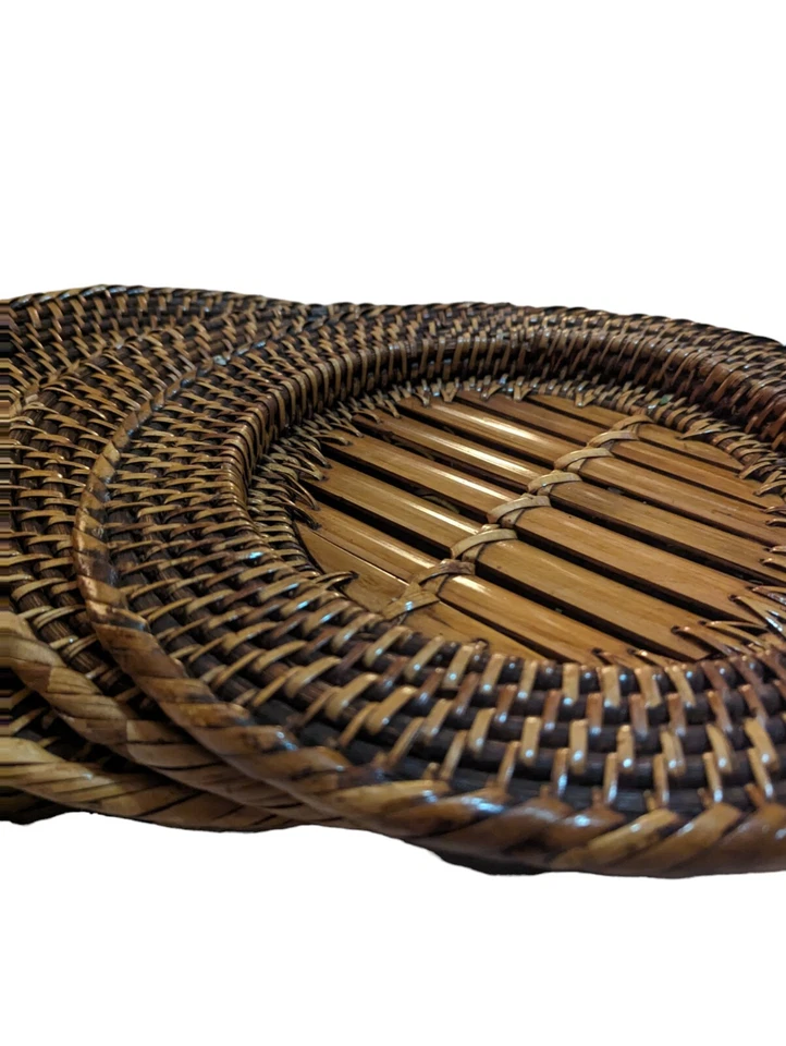 Vtg Woven Wicker Rattan Charger Plate Set 4 Placemats Bamboo Plate Holder 13" - Image 3 of 4