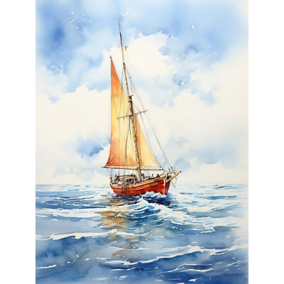 Orange Sailing Boat Watercolour Painting Bathroom Artwork Art Canvas Print 18X24