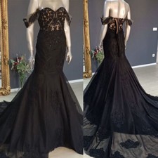 Black Gothic Mermaid Wedding Dresses Lace Appliques Off The Shoulder Bridal Gown