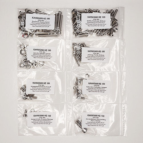 Kit vis complet Kawasaki KE100 inox pièces moteur vintage 1976-1981