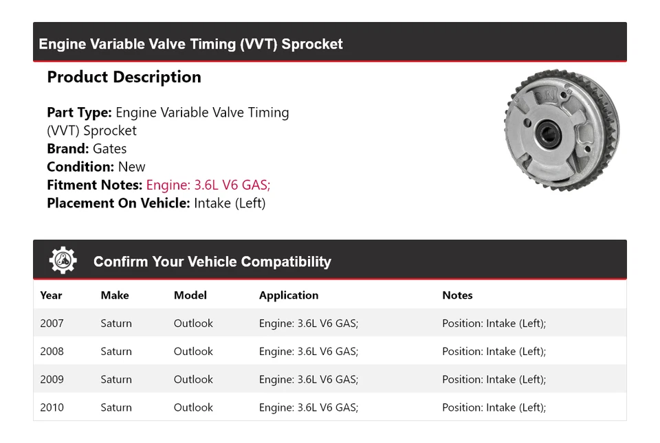 适用于 2007 - 2010 Saturn Outlook 3.6L V6 气体发动机 VVT 链轮进气(左)门 — 第 2/4 张图片