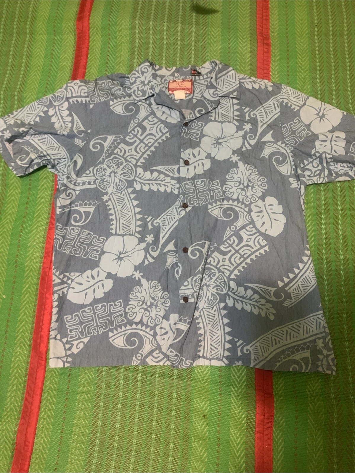 Vintage RJC XL light blue floral and tribal Hawaiian shirt button down
